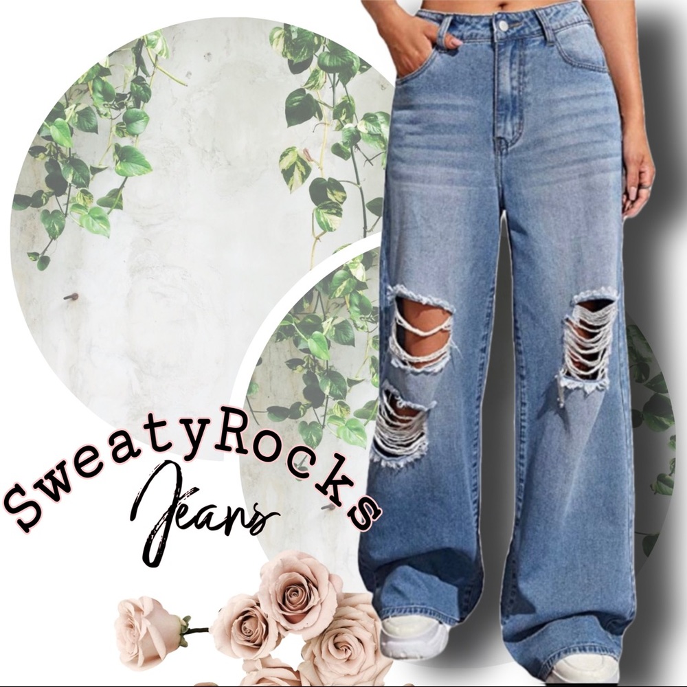 SweatyRocks Women's Casual Loose Ripped Denim Pants Distressed Wide Leg Jeans